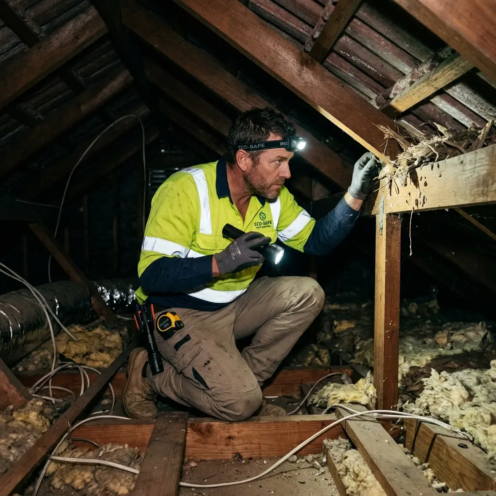 Technician inspecting a roof cavity for a dead animal in Sherbrooke