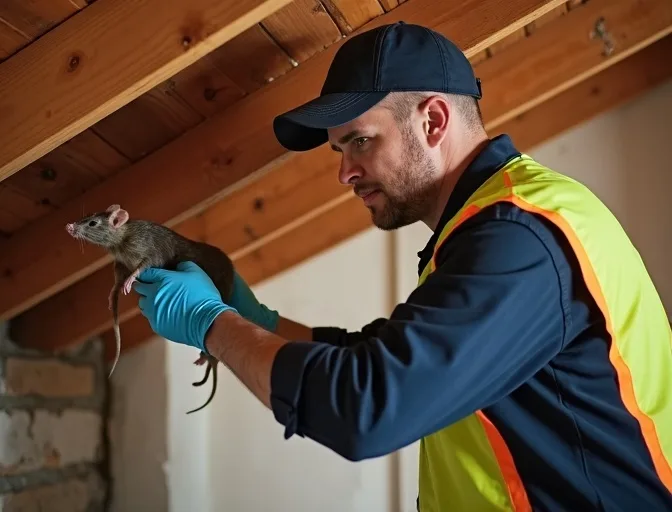 Technician inspecting a roof cavity for a dead rat in Sherbrooke